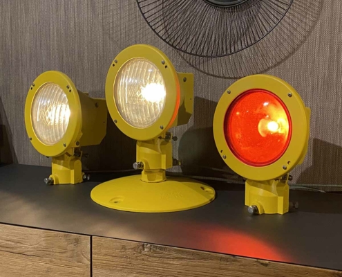 Three ADB airport approach lights from Maastricht-Aachen Airport for sale as interior lights.