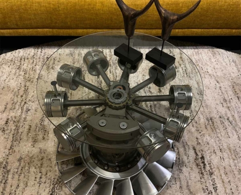 Kamov-26 helicopter engine turned into a table, positioned in a living room.