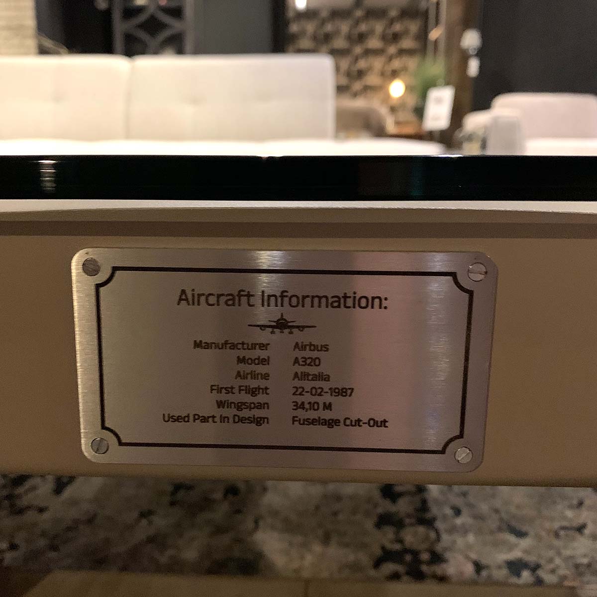 Aircraft information of the aircraft sourcing the window section of a coffee table.